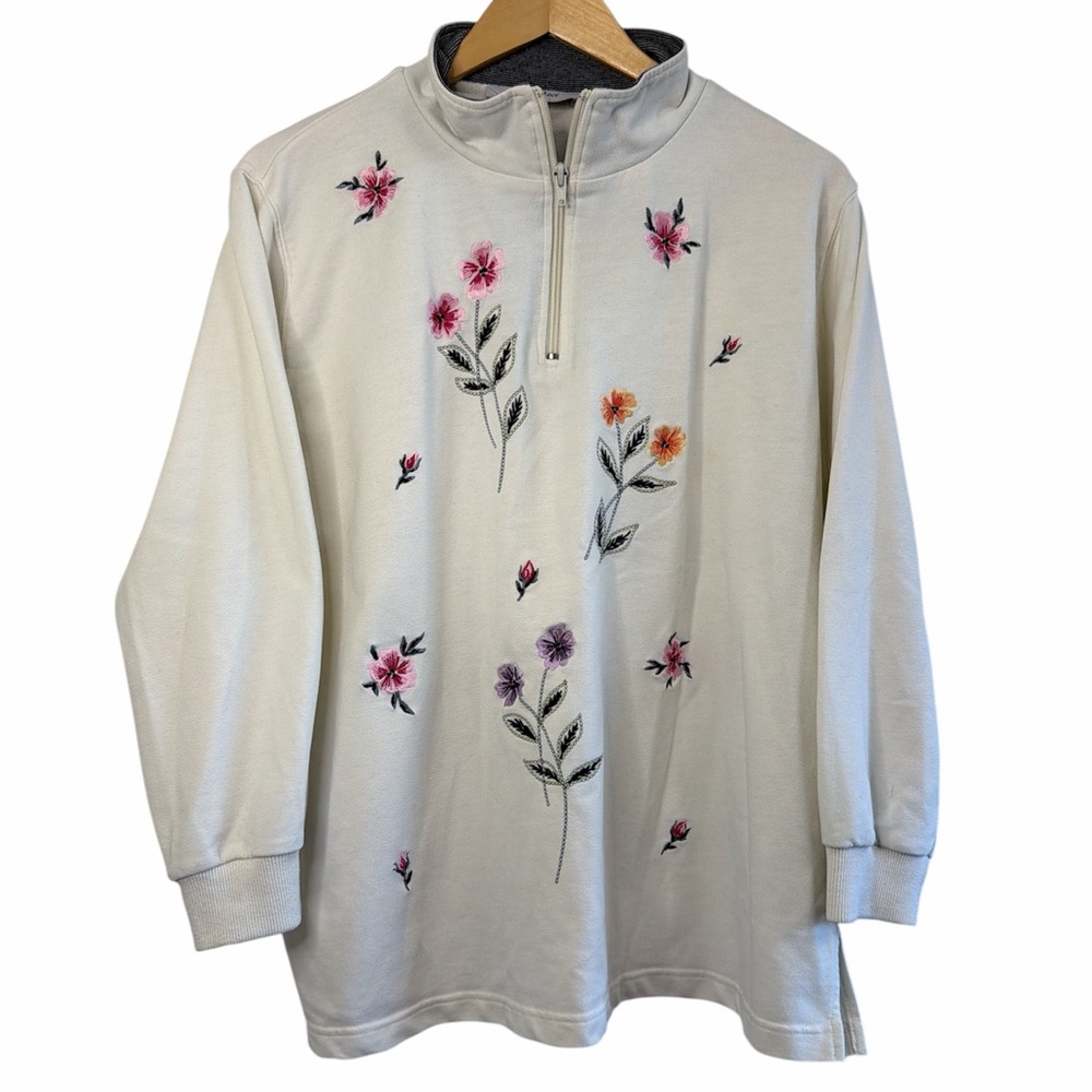 TanJay Petites Floral Embroidered Quarter Zip Sweatshirt Cream XL